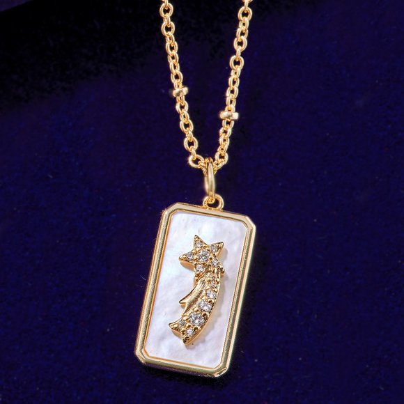 Champagne Gold Necklace, Mother Of Pearl, Rectangle Pendant with shootin… - Picture 1 of 7